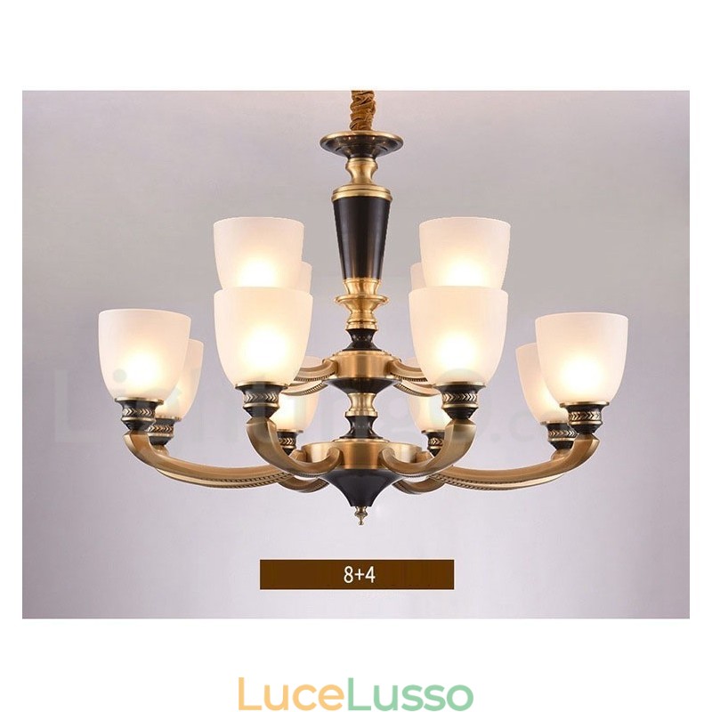 Lampadario a candela in ottone puro, rustico, retrò, vintage, con paralumi in vetro