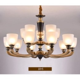 Lampadario a candela in ottone puro, rustico, retrò, vintage, con paralumi in vetro