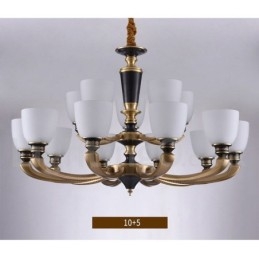 Lampadario a candela in ottone puro, rustico, retrò, vintage, con paralumi in vetro