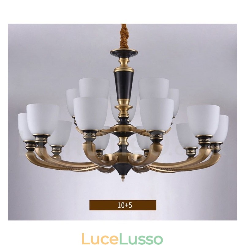 Lampadario a candela in ottone puro, rustico, retrò, vintage, con paralumi in vetro