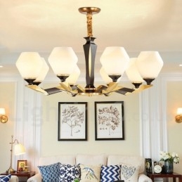 Lampadario a candela in ottone puro, rustico, retrò, vintage, con paralumi in vetro