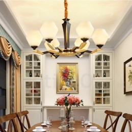 Lampadario a candela in ottone puro, rustico, retrò, vintage, con paralumi in vetro