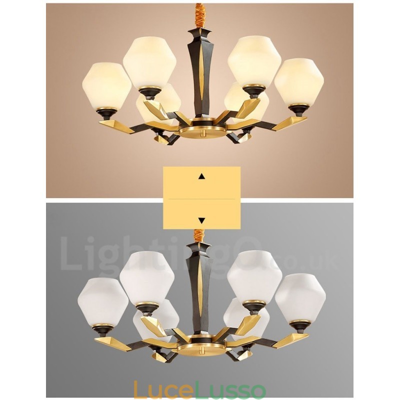 Lampadario a candela in ottone puro, rustico, retrò, vintage, con paralumi in vetro