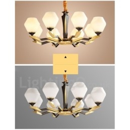 Lampadario a candela in ottone puro, rustico, retrò, vintage, con paralumi in vetro