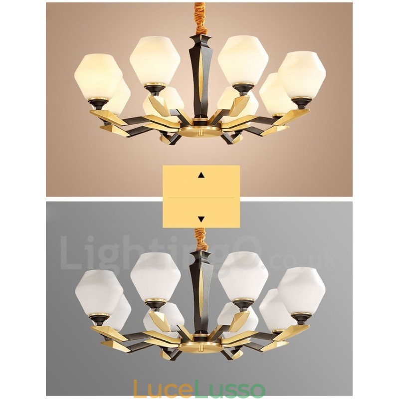 Lampadario a candela in ottone puro, rustico, retrò, vintage, con paralumi in vetro