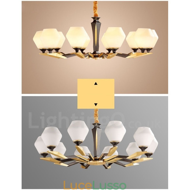 Lampadario a candela in ottone puro, rustico, retrò, vintage, con paralumi in vetro