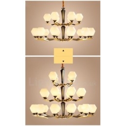 Lampadario a candela in ottone puro, rustico, retrò, vintage, con paralumi in vetro