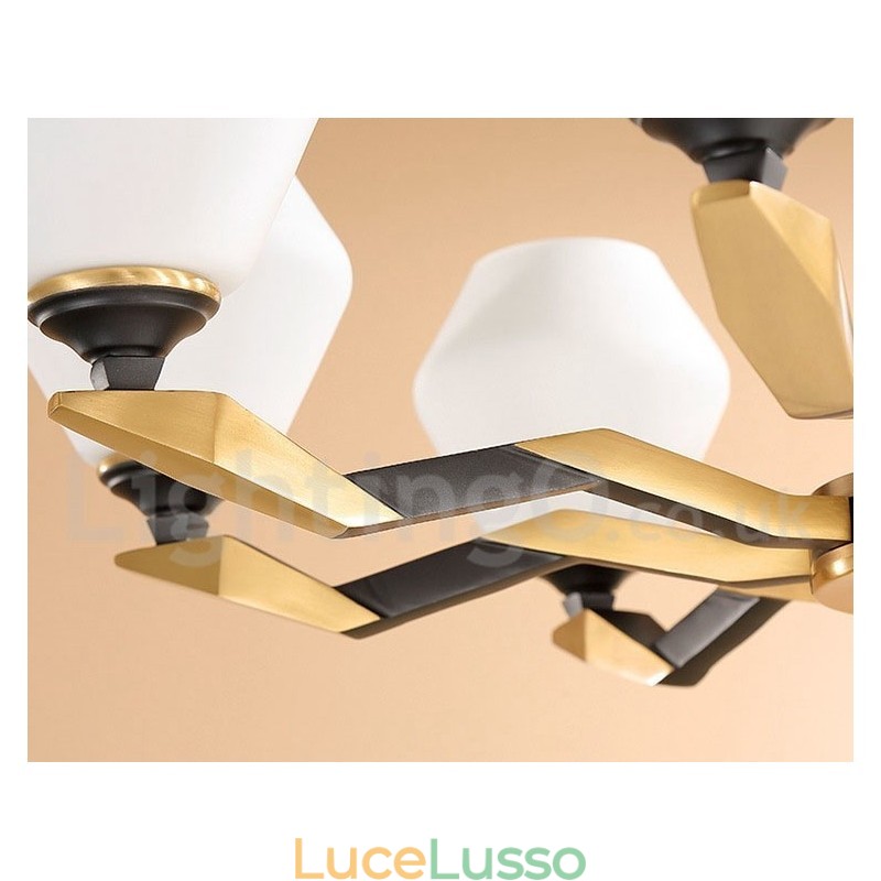 Lampadario a candela in ottone puro, rustico, retrò, vintage, con paralumi in vetro