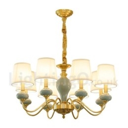 Lampadario a sospensione in ottone puro, rustico, retrò, vintage, in ceramica, con paralumi in tessuto