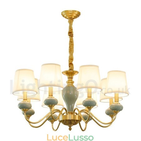 Lampadario a sospensione in ottone puro, rustico, retrò, vintage, in ceramica, con paralumi in tessuto Lampadario a sospensione in ottone puro, rustico, retrò, vintage, in ceramica, con paralumi in tessuto