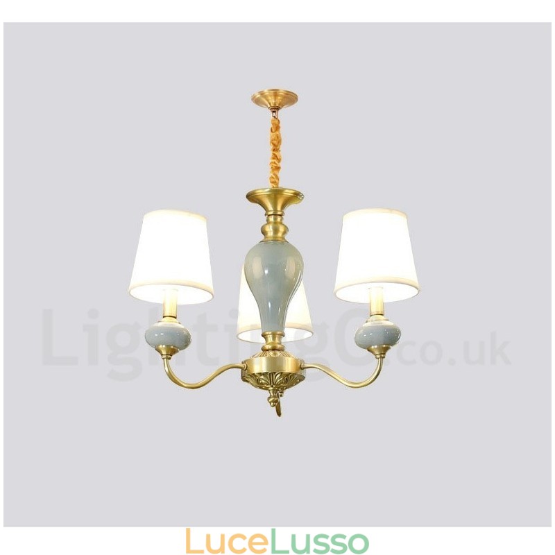 Lampadario a sospensione in ottone puro, rustico, retrò, vintage, in ceramica, con paralumi in tessuto