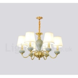 Lampadario a sospensione in ottone puro, rustico, retrò, vintage, in ceramica, con paralumi in tessuto
