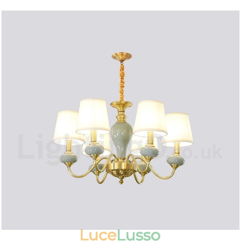 Lampadario a sospensione in ottone puro, rustico, retrò, vintage, in ceramica, con paralumi in tessuto