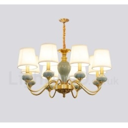 Lampadario a sospensione in ottone puro, rustico, retrò, vintage, in ceramica, con paralumi in tessuto