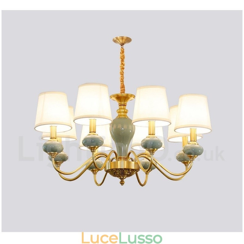 Lampadario a sospensione in ottone puro, rustico, retrò, vintage, in ceramica, con paralumi in tessuto