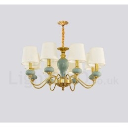 Lampadario a sospensione in ottone puro, rustico, retrò, vintage, in ceramica, con paralumi in tessuto