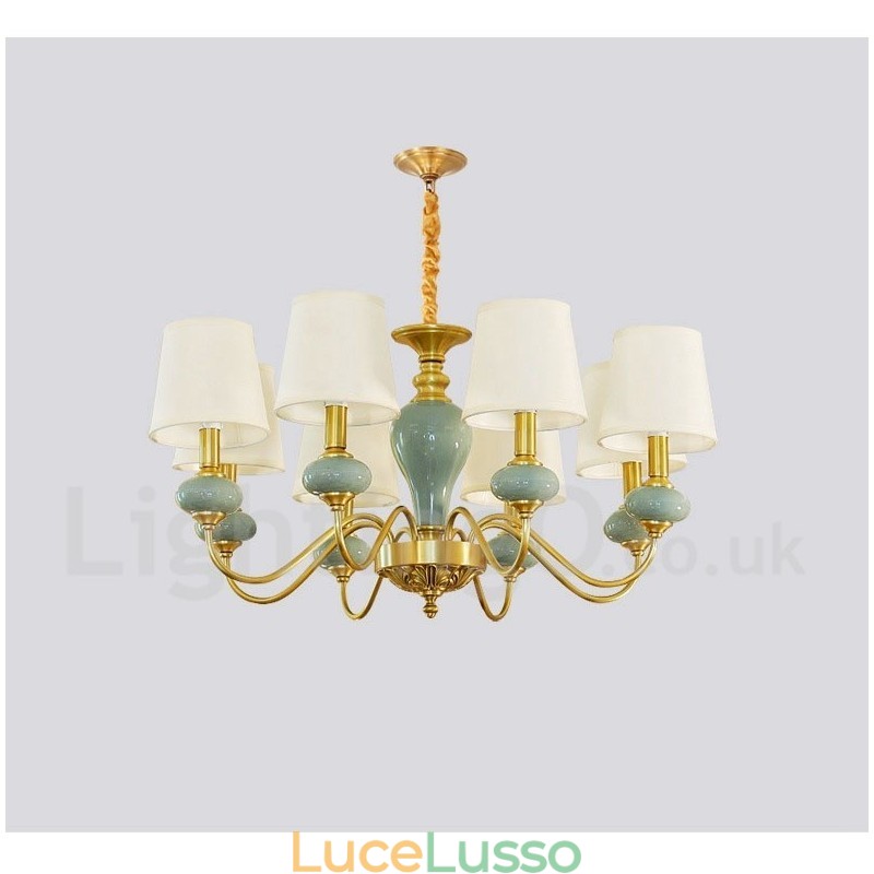 Lampadario a sospensione in ottone puro, rustico, retrò, vintage, in ceramica, con paralumi in tessuto