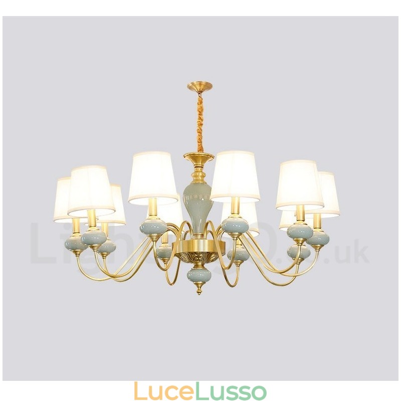Lampadario a sospensione in ottone puro, rustico, retrò, vintage, in ceramica, con paralumi in tessuto