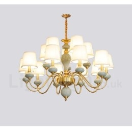 Lampadario a sospensione in ottone puro, rustico, retrò, vintage, in ceramica, con paralumi in tessuto