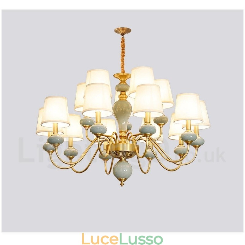 Lampadario a sospensione in ottone puro, rustico, retrò, vintage, in ceramica, con paralumi in tessuto