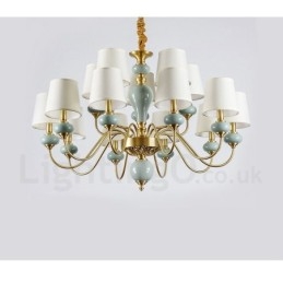 Lampadario a sospensione in ottone puro, rustico, retrò, vintage, in ceramica, con paralumi in tessuto