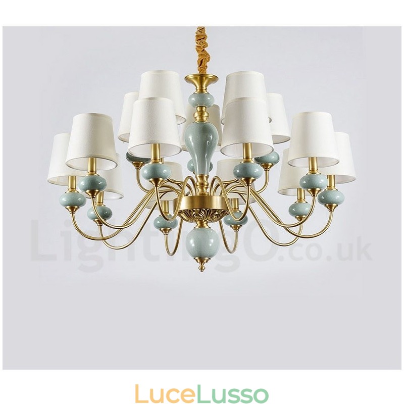 Lampadario a sospensione in ottone puro, rustico, retrò, vintage, in ceramica, con paralumi in tessuto
