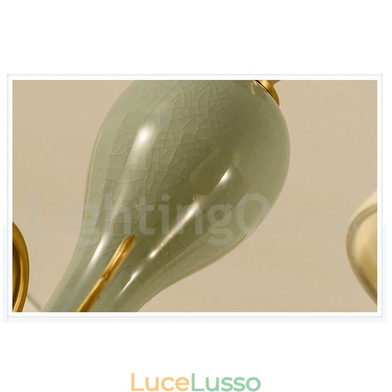 Lampadario a sospensione in ottone puro, rustico, retrò, vintage, in ceramica, con paralumi in tessuto