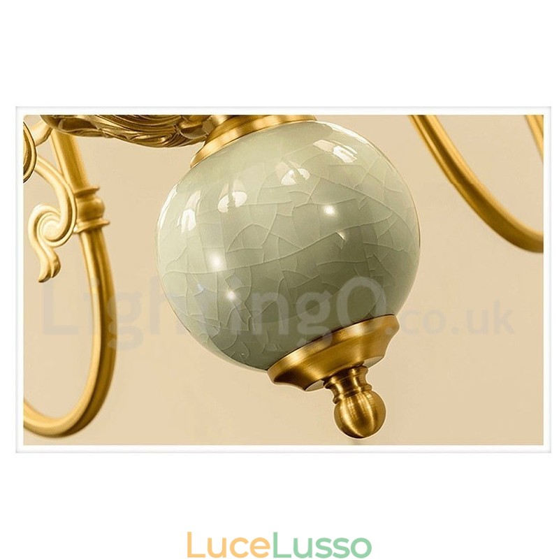 Lampadario a sospensione in ottone puro, rustico, retrò, vintage, in ceramica, con paralumi in tessuto
