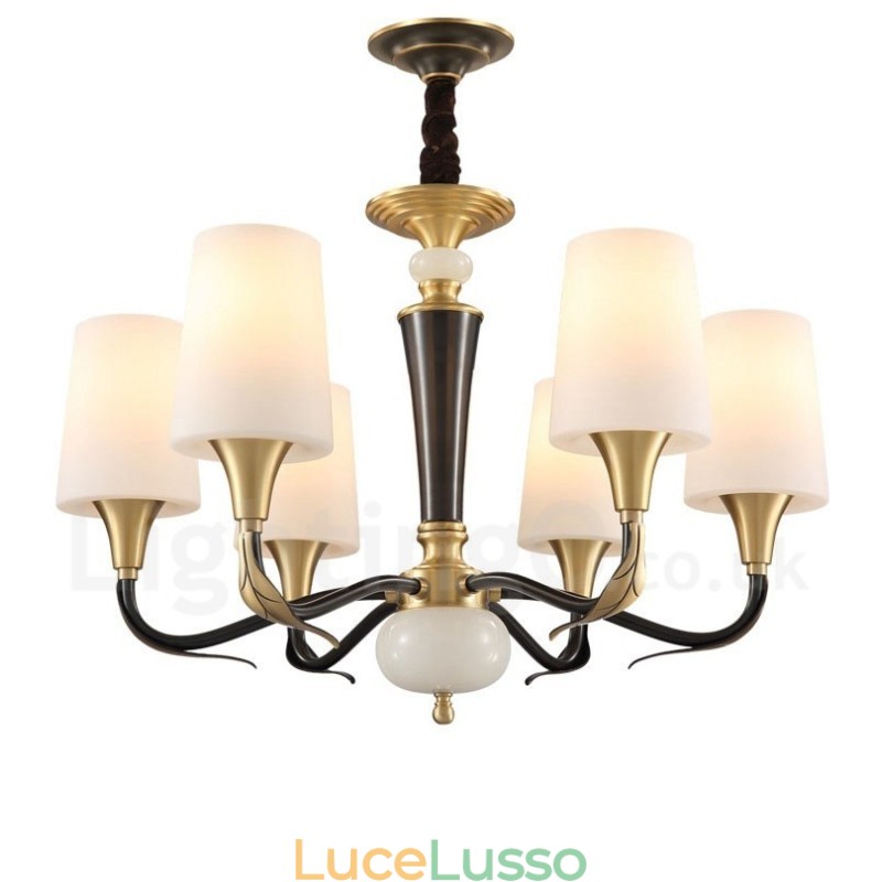 Lampadario a sospensione in ottone puro, rustico, retrò, vintage, con paralumi in vetro e pietra
