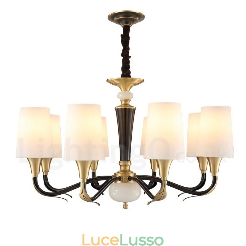 Lampadario a sospensione in ottone puro, rustico, retrò, vintage, con paralumi in vetro e pietra