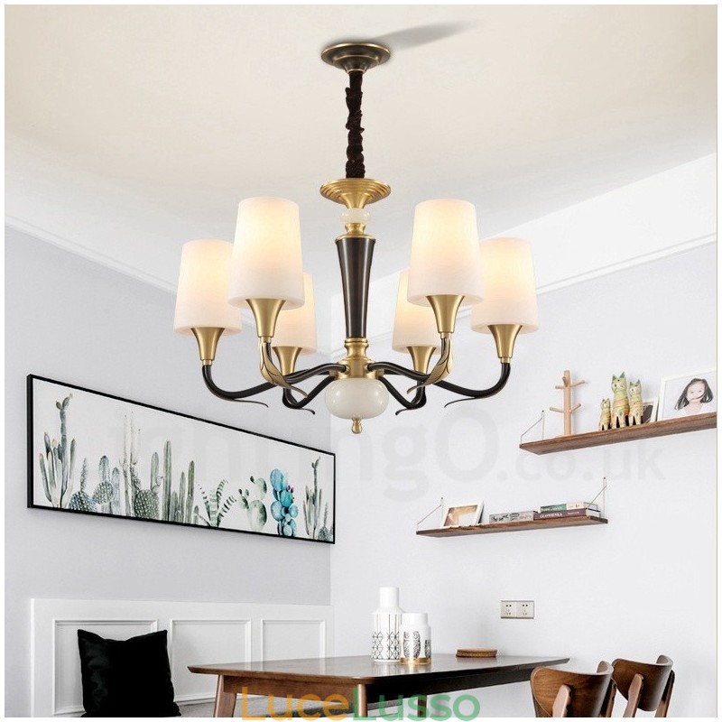 Lampadario a sospensione in ottone puro, rustico, retrò, vintage, con paralumi in vetro e pietra