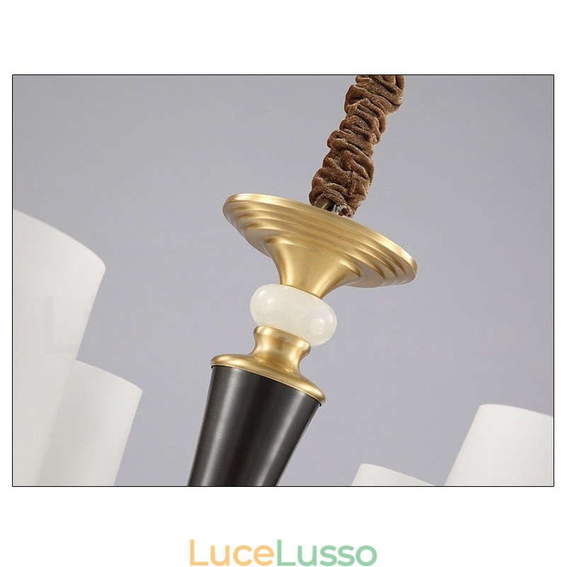 Lampadario a sospensione in ottone puro, rustico, retrò, vintage, con paralumi in vetro e pietra