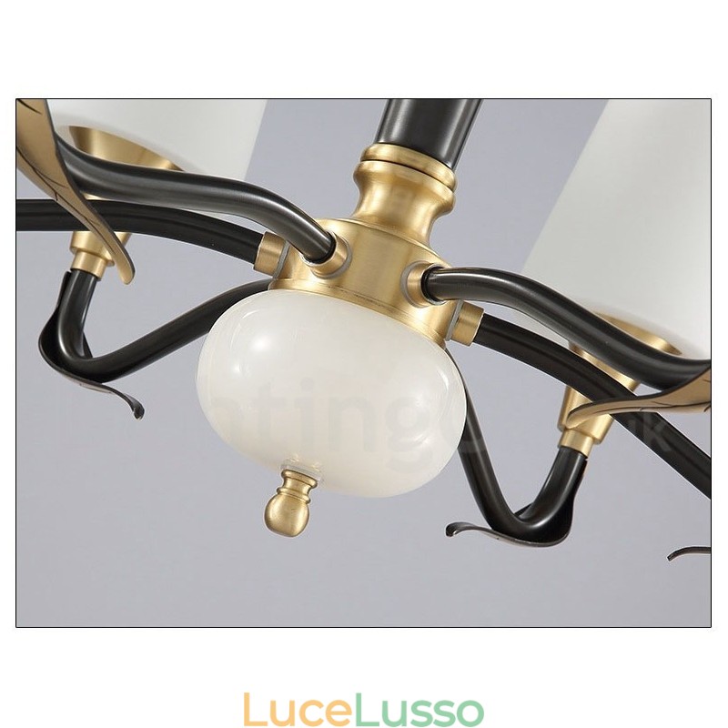 Lampadario a sospensione in ottone puro, rustico, retrò, vintage, con paralumi in vetro e pietra