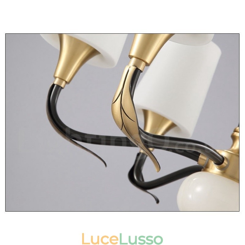 Lampadario a sospensione in ottone puro, rustico, retrò, vintage, con paralumi in vetro e pietra