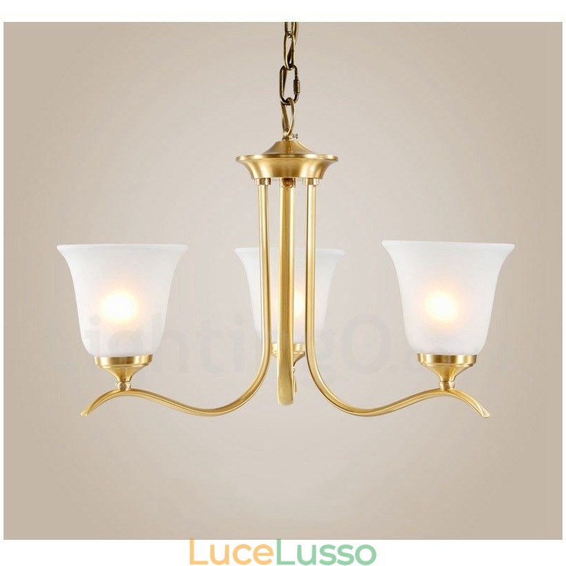 Lampadario a candela in ottone puro, rustico, retrò, vintage, con paralumi in vetro