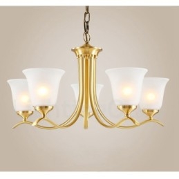 Lampadario a candela in ottone puro, rustico, retrò, vintage, con paralumi in vetro