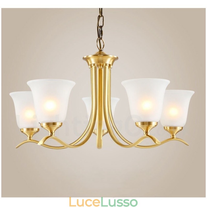 Lampadario a candela in ottone puro, rustico, retrò, vintage, con paralumi in vetro