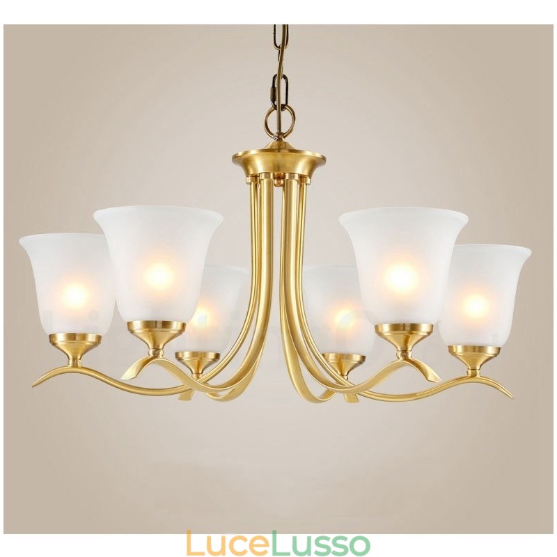 Lampadario a candela in ottone puro, rustico, retrò, vintage, con paralumi in vetro