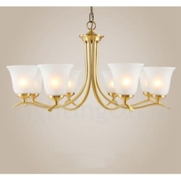 Lampadario a candela in ottone puro, rustico, retrò, vintage, con paralumi in vetro