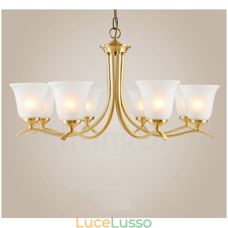 Lampadario a candela in ottone puro, rustico, retrò, vintage, con paralumi in vetro
