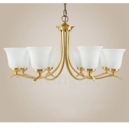 Lampadario a candela in ottone puro, rustico, retrò, vintage, con paralumi in vetro