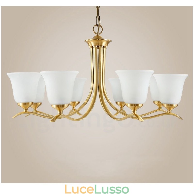 Lampadario a candela in ottone puro, rustico, retrò, vintage, con paralumi in vetro