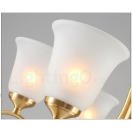 Lampadario a candela in ottone puro, rustico, retrò, vintage, con paralumi in vetro