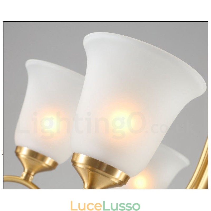 Lampadario a candela in ottone puro, rustico, retrò, vintage, con paralumi in vetro