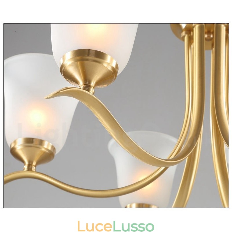 Lampadario a candela in ottone puro, rustico, retrò, vintage, con paralumi in vetro