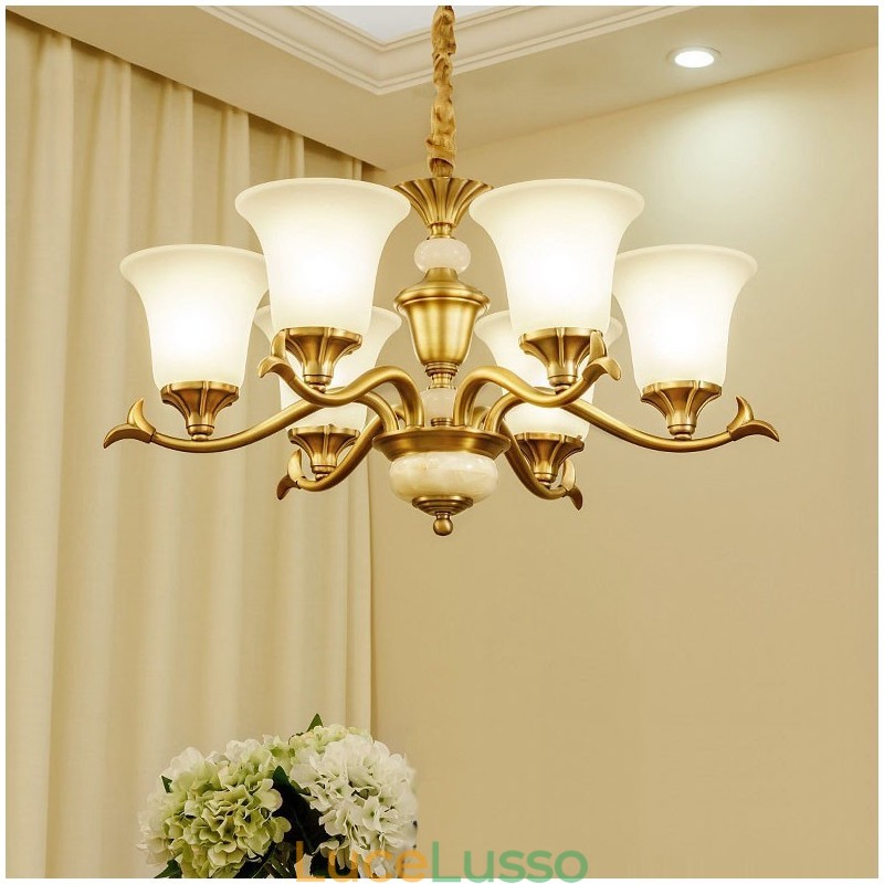 Lampadario a sospensione in ottone puro, rustico, retrò, vintage, con paralumi in vetro e pietra