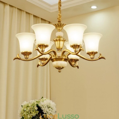 Lampadario a sospensione in ottone puro, rustico, retrò, vintage, con paralumi in vetro e pietra Lampadario a sospensione in ottone puro, rustico, retrò, vintage, con paralumi in vetro e pietra