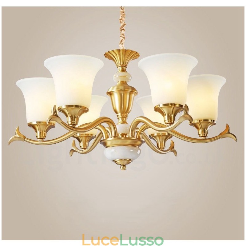 Lampadario a sospensione in ottone puro, rustico, retrò, vintage, con paralumi in vetro e pietra