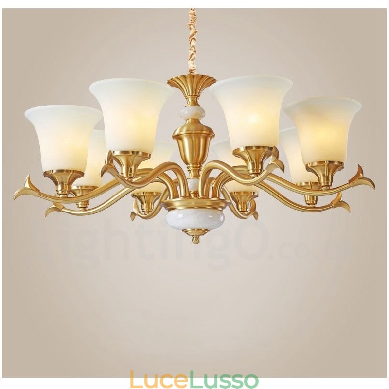 Lampadario a sospensione in ottone puro, rustico, retrò, vintage, con paralumi in vetro e pietra