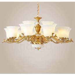 Lampadario a sospensione in ottone puro, rustico, retrò, vintage, con paralumi in vetro e pietra
